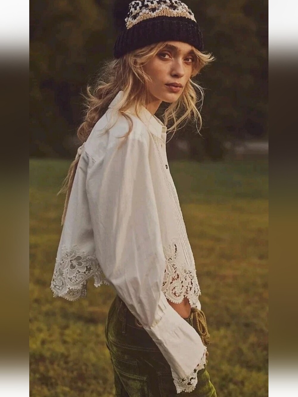 NWT! Free People Hooked On You Lace-Trimmed Cream Cotton Boho Style Shirt Size S